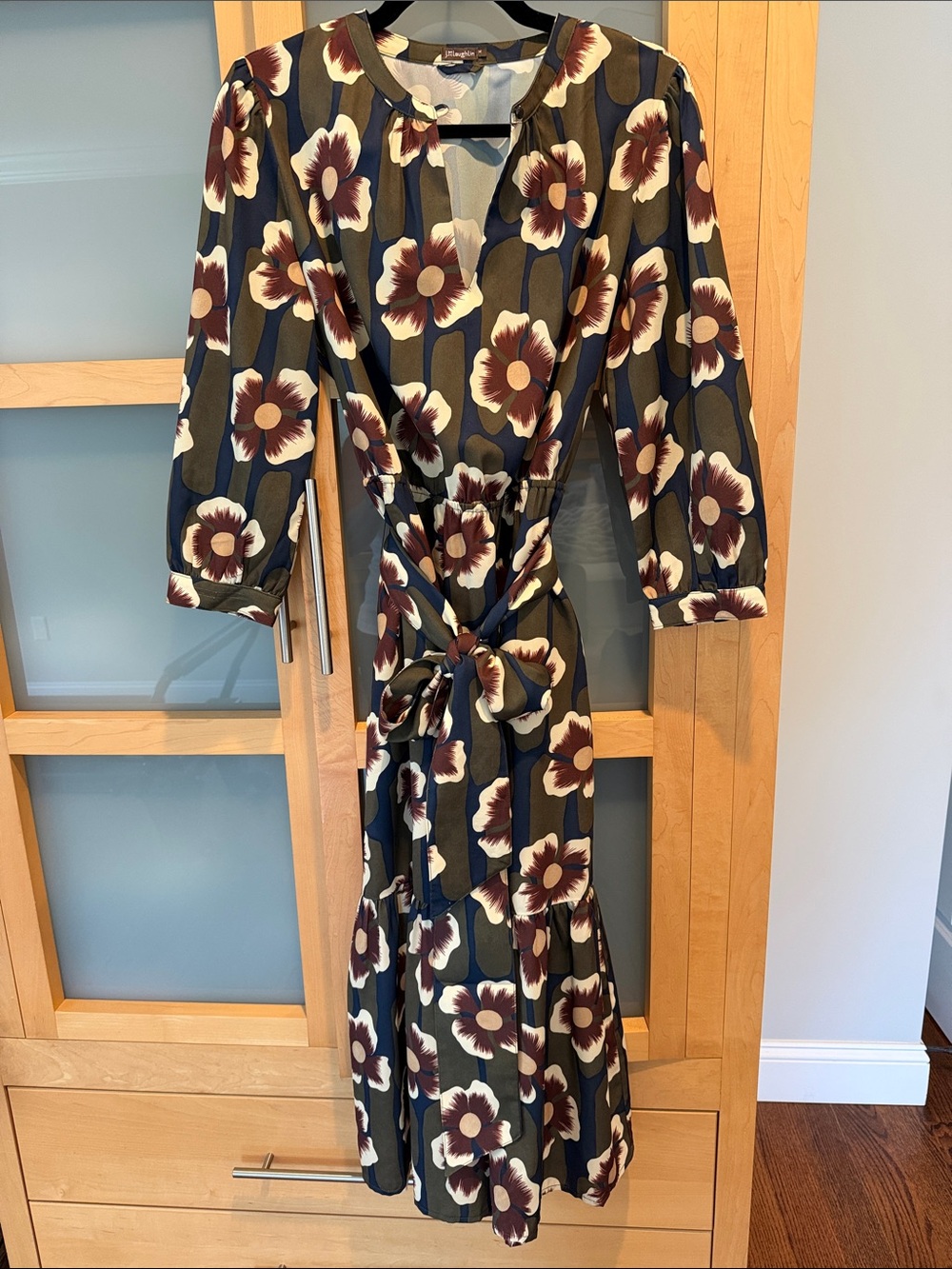 J. McLaughlin Olive Midi Dress with Ivory & Brown Floral Print